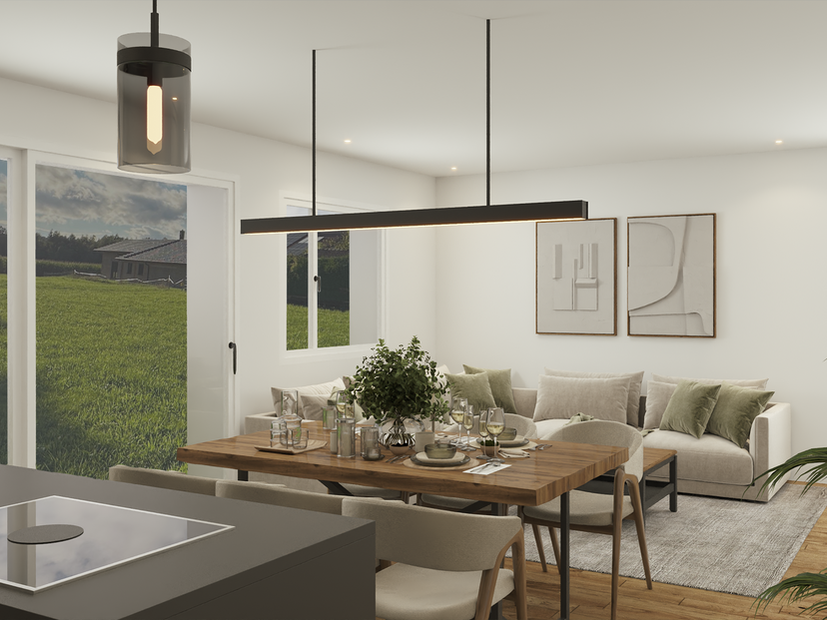 WKW Projekte – Neubau Doppelhaushälfte KfW 40 in Tiefenbach bei Passau | moderner offener Wohn-, Ess- und Kochbereich mit viel Licht und hochwertiger Ausstattung