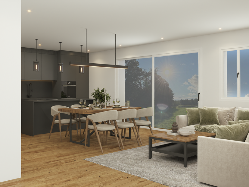 WKW Projekte – Neubau Doppelhaushälfte KfW 40 in Tiefenbach bei Passau | moderner offener Wohn-, Ess- und Kochbereich mit viel Licht und hochwertiger Ausstattung