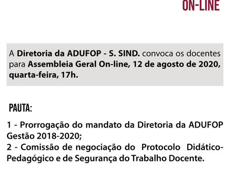 Diretoria da ADUFOP convoca docentes para Assembleia Geral On-line