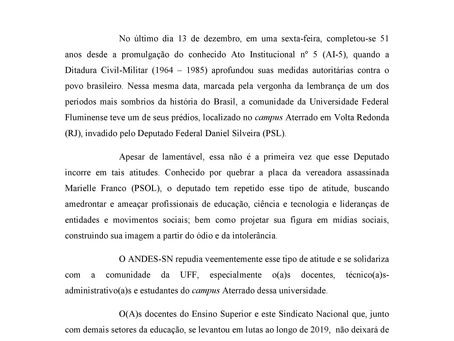 Nota do ANDES-SN de repúdio ação do deputado Daniel Silveira contra a comunidade da UFF