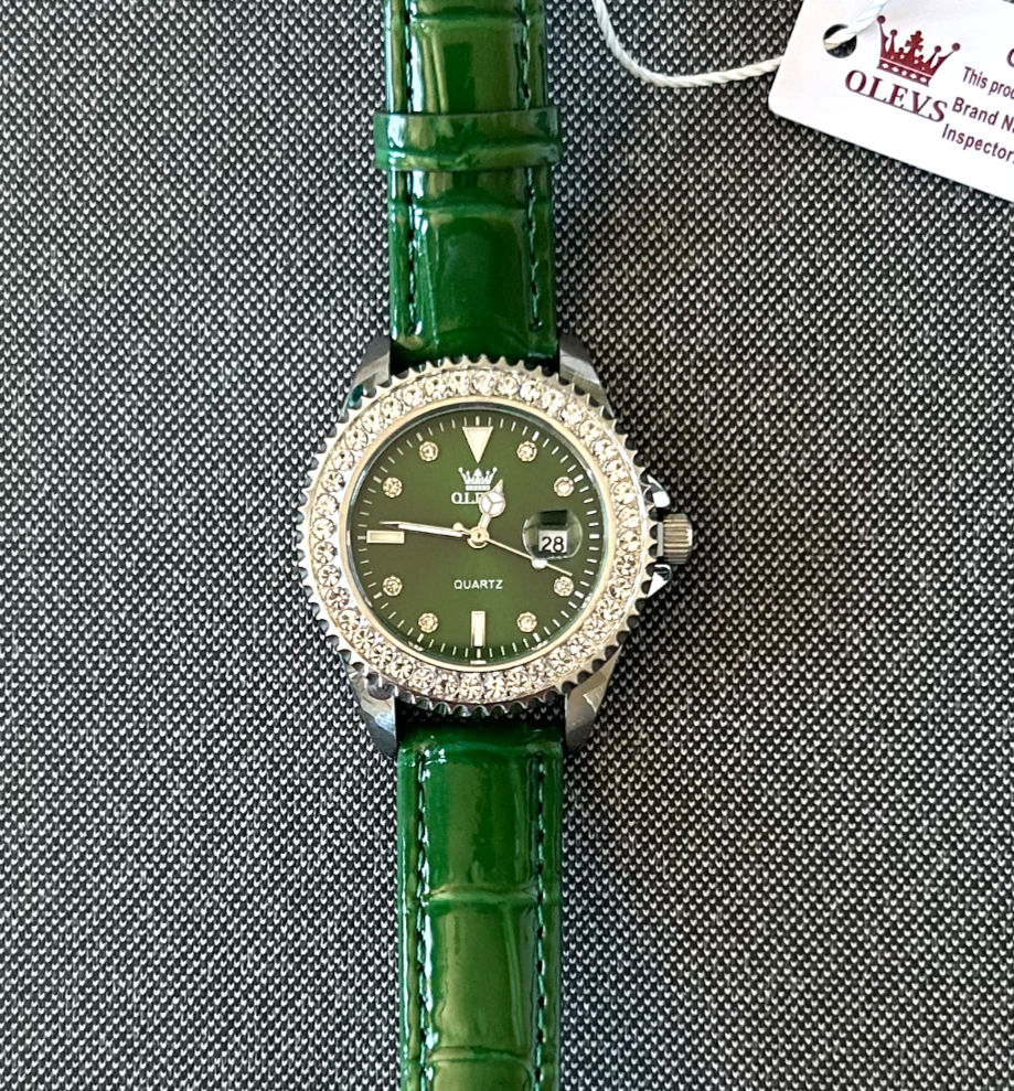 Olevs Women's Green Leather Strap, Green Sunburst Dial- Diamond Bezel 9945