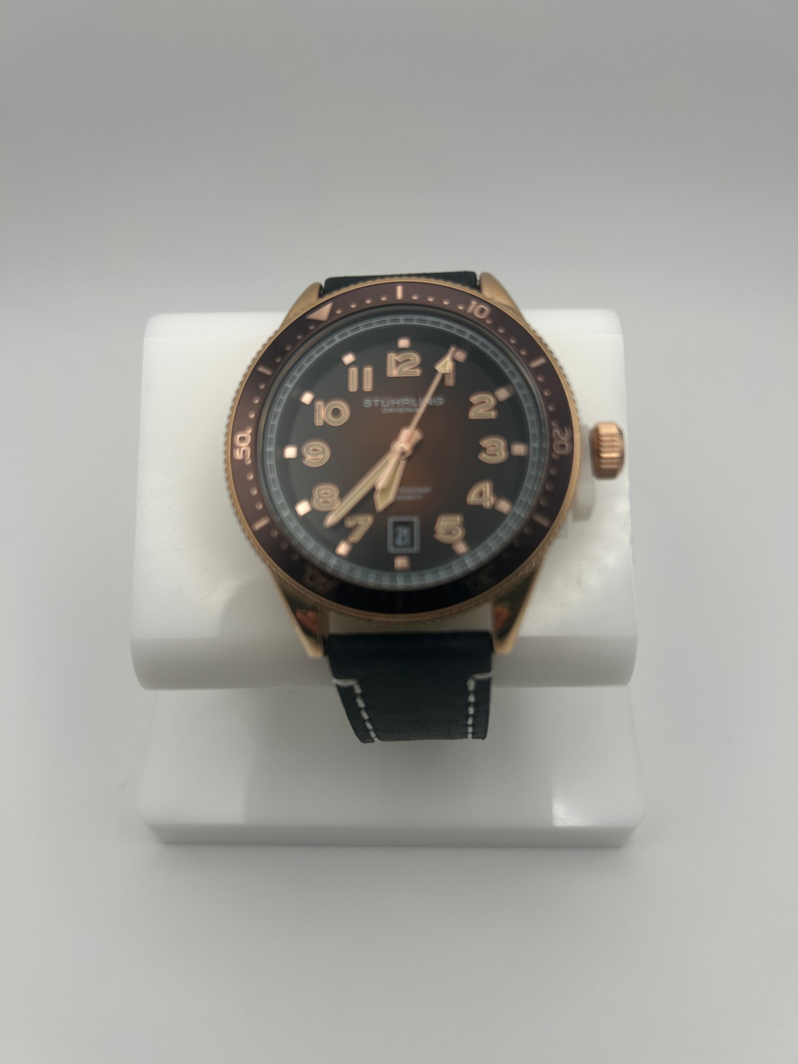 Stuhrling Dress Watch - Black Strap, Brown Bezel, RG 42MM