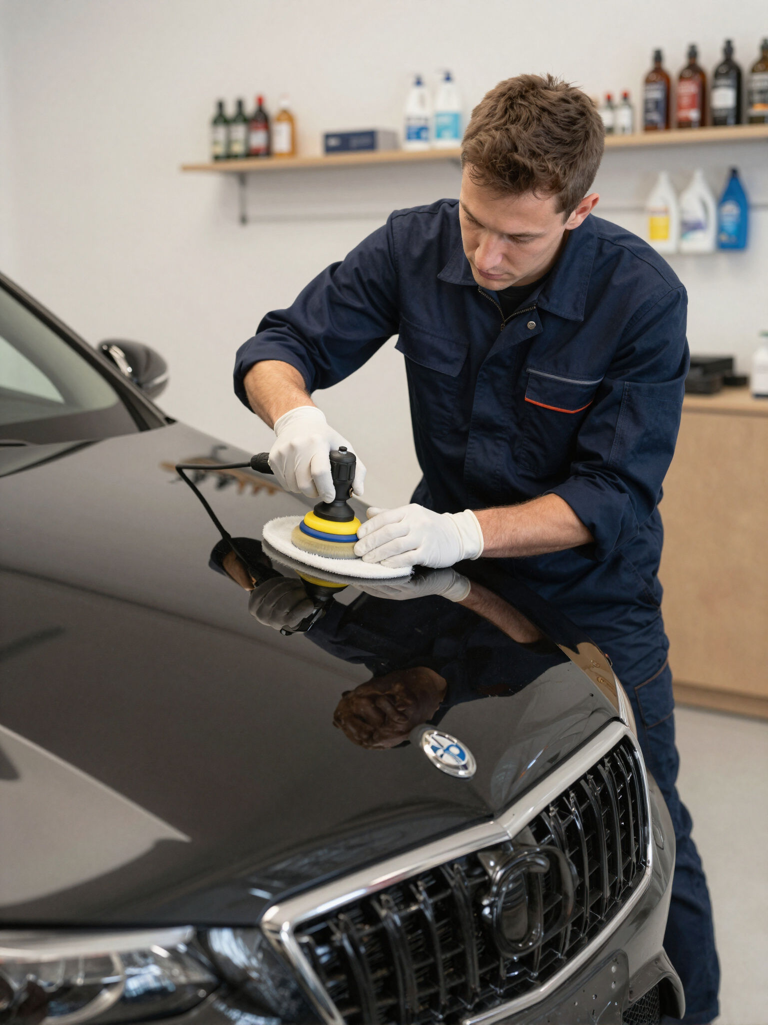 Man machine polishing a black car's hood