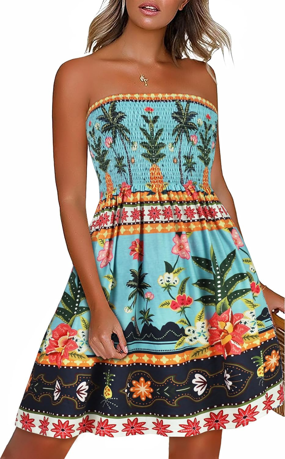 Küçük resim: CHICGAL Summer Dresses for Women Beach Cover Ups Strapless Boho Floral Print Su