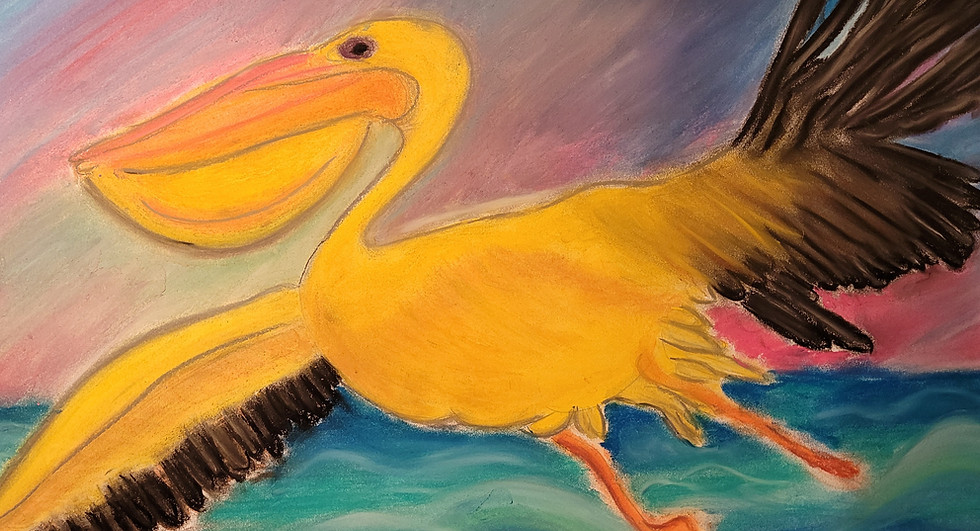 Symbolbild gemalter Pelikan fliegt über das Meer in den Sonnenuntergang. Aufbruch