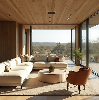 A luxurious living room in a Hill Country estate, showcasing modern design elements and hi