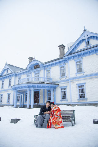 hokkaido european building kimono bride portrait snow