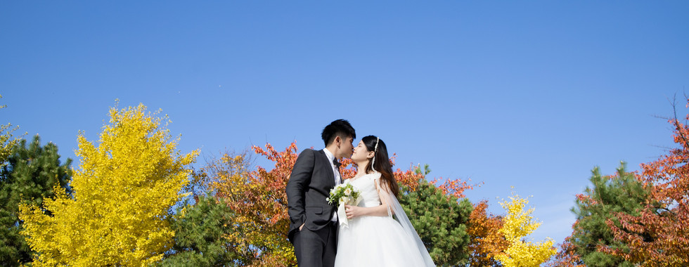 Couple in wedding attire beneath golden autumn trees with Mount Fuji views during autumn wedding photography.