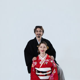 studio kimono photoshoot couple formal seated portrait