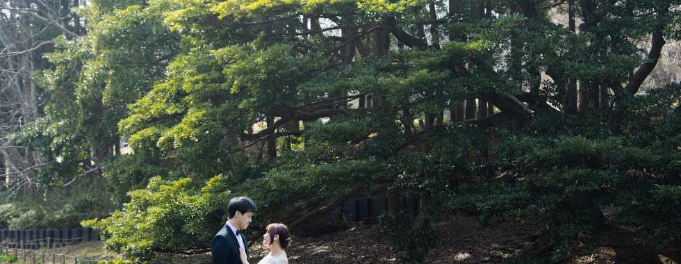 Wedding couple posing against the classic brick architecture of Yokohama Red Brick Warehouse.