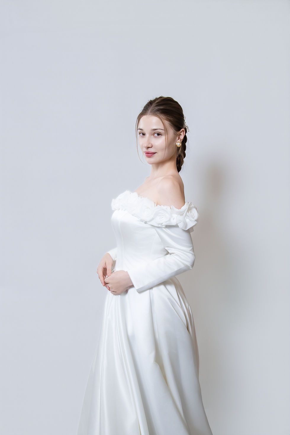 Thumbnail: off shoulder bridal gown elegant feminine silhouette