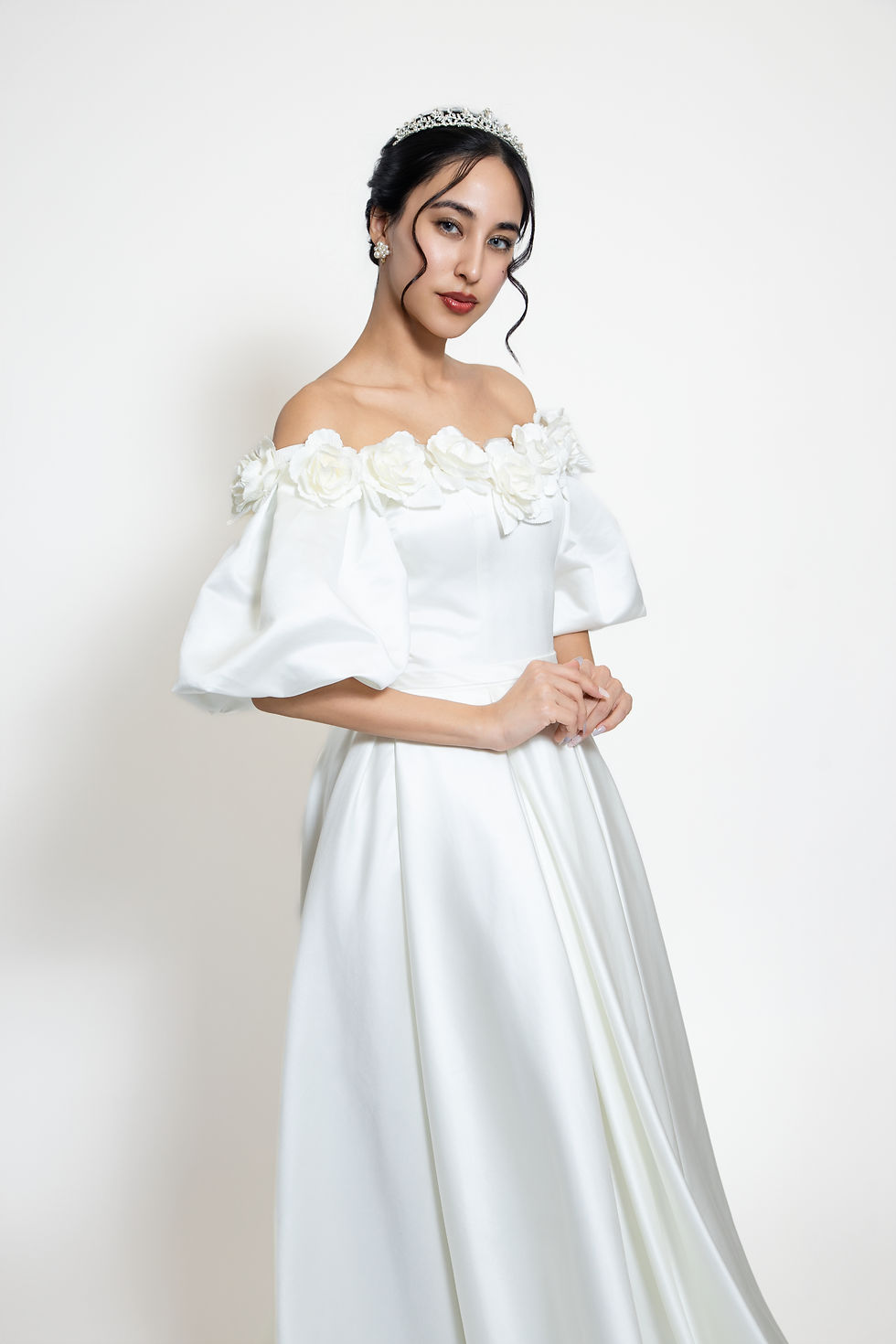 Thumbnail: ruffle neckline wedding dress off shoulder romantic