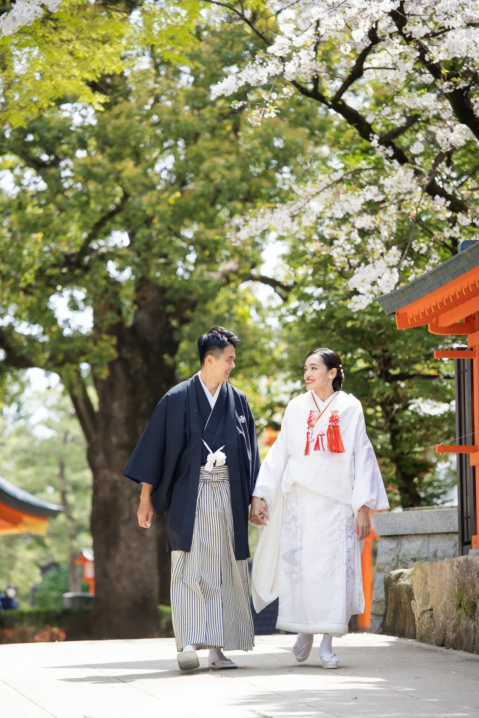 traditional japanese wedding couple walking through shrine pathway