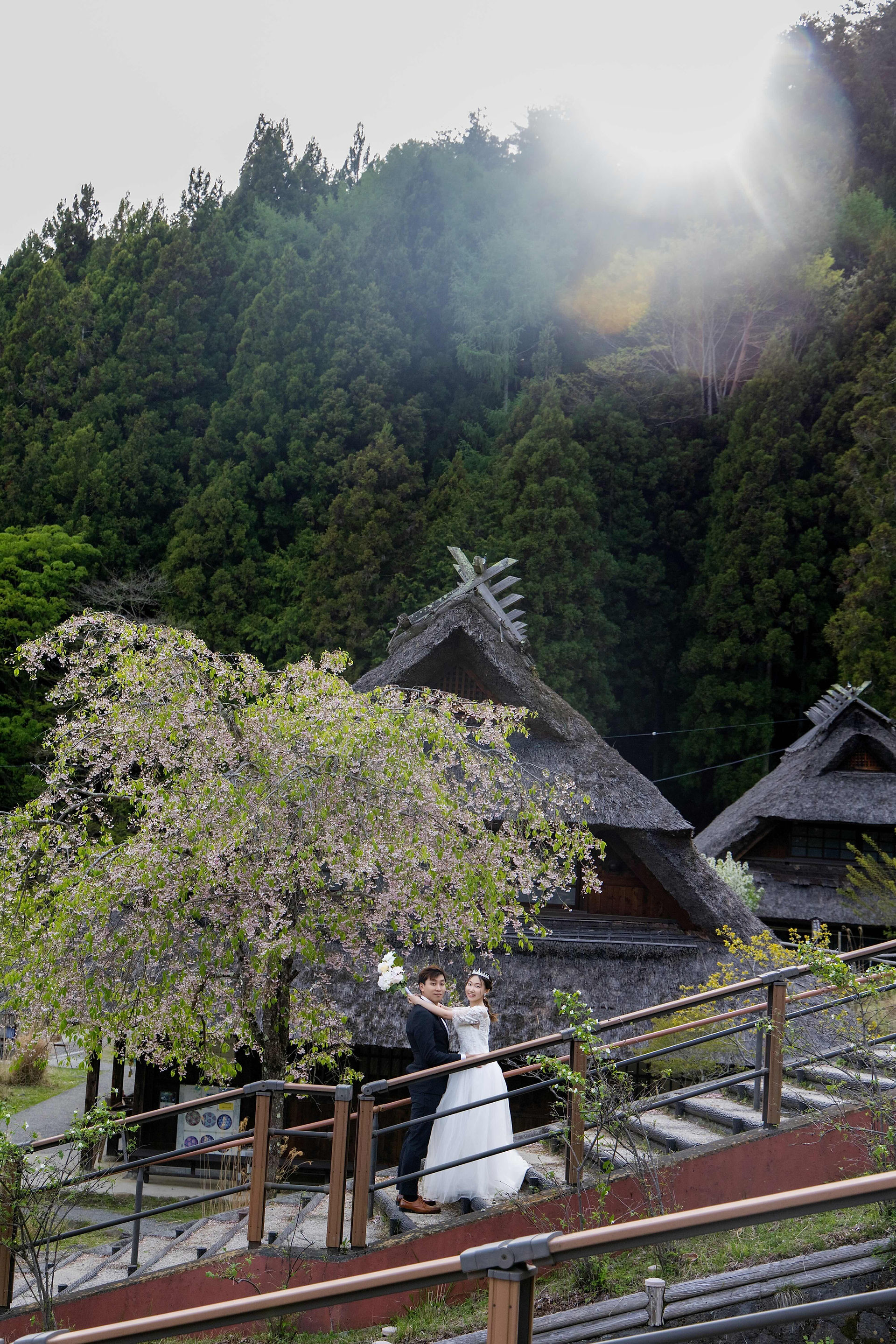 新倉山浅間公園で草原と富士山を背景にしたロマンチックなポートレート｜伝統的な街並み