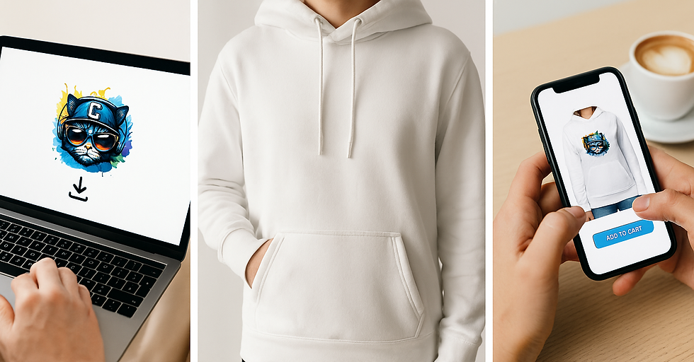 A realistic image showing the DTF printing order process — a customer downloads a design, selects a T-shirt or hoodie, upload