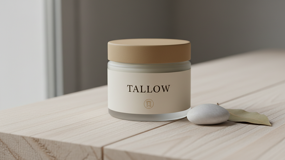 Close-up view of a jar of creamy beef tallow moisturizer on a wooden table