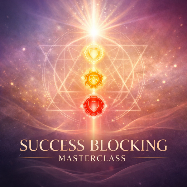 Image of a person sitting cross legged, showing the seven major chakras in their corresponding colours and position in the body. With the words; Success Blocking Masterclass
