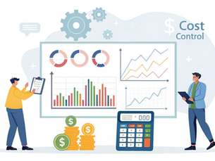 Two people analyze charts on a large screen with graphs. A stack of coins and a calculator are in front. Text reads "Cost Control."