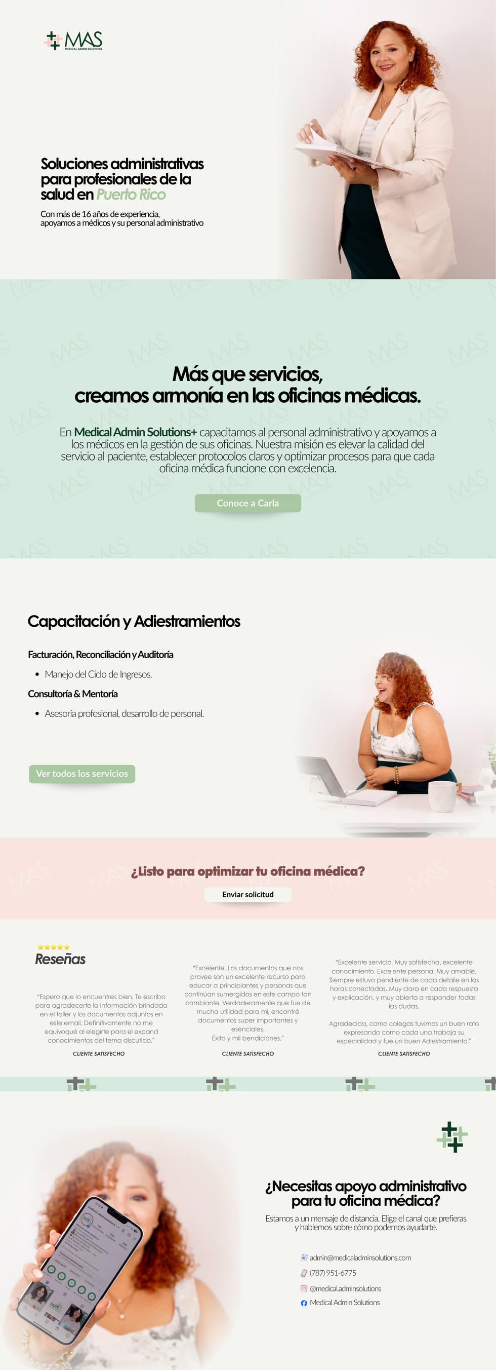 Vista previa de la website de Medical Admin Solutions con diseño profesional, secciones de servicios administrativos médicos, testimonios y contacto para oficinas médicas y personal de salud.