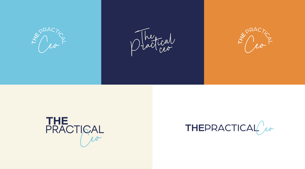 Variaciones de logo e identidad visual diseñadas para The Practical CEO, plataforma educativa para dueñas de negocio.