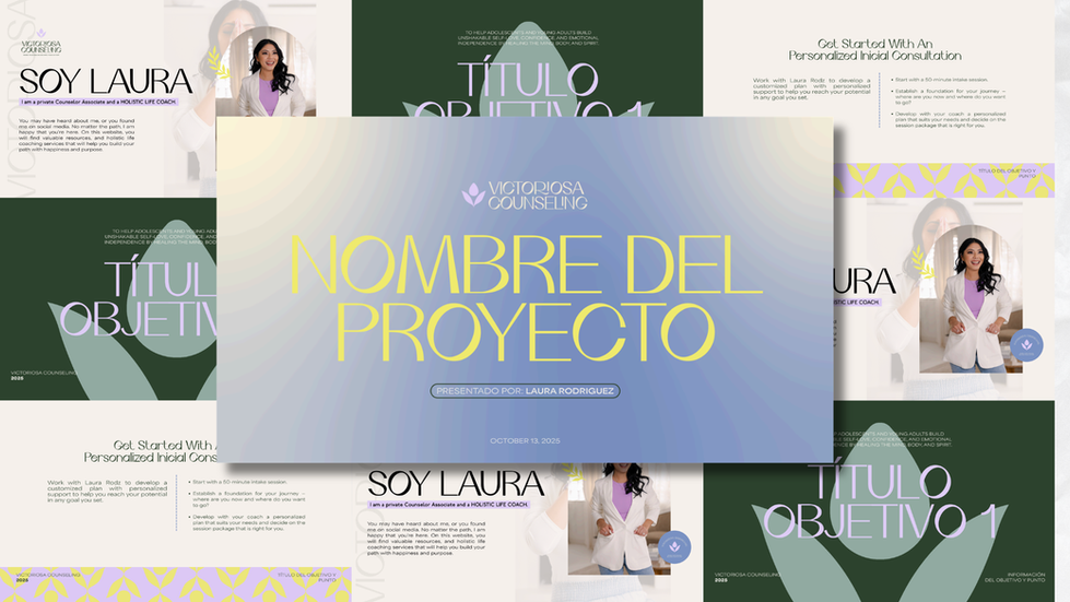 Collage de una presentación digital profesional diseñada para Laura Rodríguez de Victoriosa Counseling. La composición muestra varias diapositivas con una estética elegante y moderna en tonos verde bosque, lavanda suave, amarillo pastel y beige. Se incluyen fotografías profesionales de Laura, textos de introducción personal, objetivos, servicios de consejería y coaching, así como información sobre consultas iniciales. En el centro destaca la portada de la presentación con tipografía grande y refinada. El diseño transmite confianza, bienestar, crecimiento personal y profesionalismo, reflejando la identidad visual de una práctica de consejería y coaching holístico.