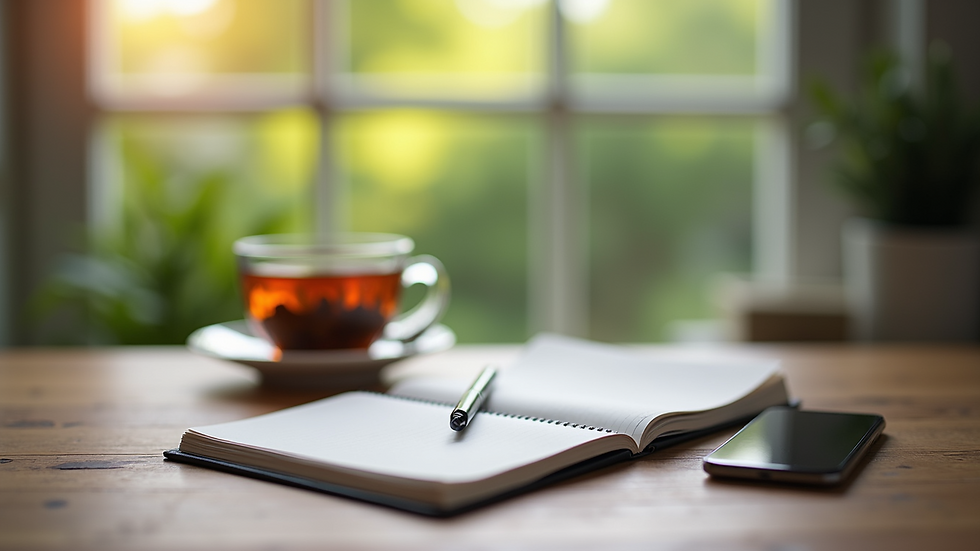 Close-up view of a desk with a notebook, pen, and a cup of herbal tea