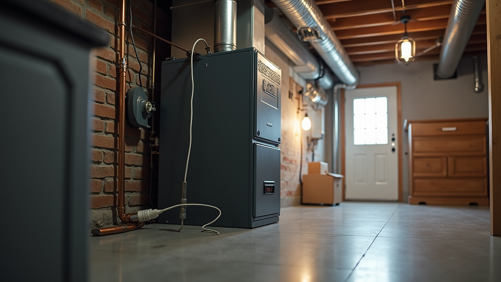 Eye-level view of a modern high-efficiency furnace installed in a home basement