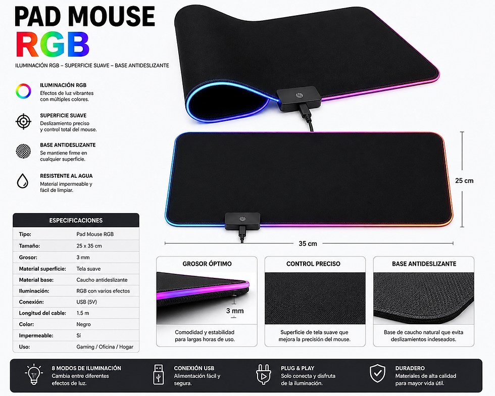 Miniatura: Mouse Pad Gamer RGB 25 × 35 cm – Iluminación LED