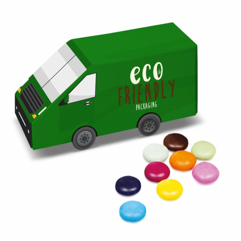 chocolate beans in van shaped eco packaging