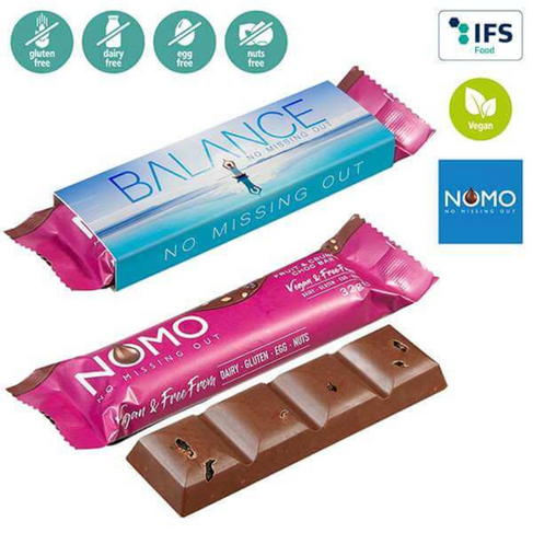 vegan chocolate bar with branded slip cover