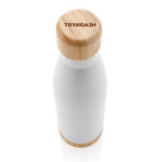 white bamboo and stainless steel vacuum water bottle