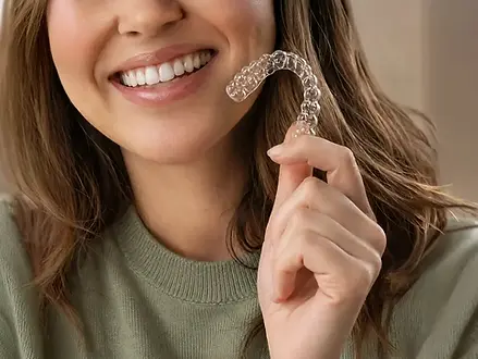 Woman holding a clear dental aligner representing teeth straightening at White Dental.