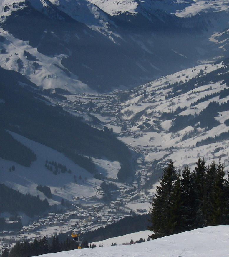Besneeuwd bergdal in Oostenrijk met een winters dorp en beboste hellingen.
