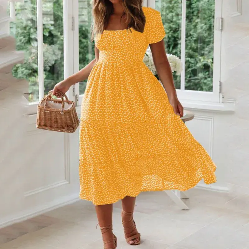 Vestidos Vintage Vintage Print Puff Sleeve Summer Beach Sweet Dresses Casual