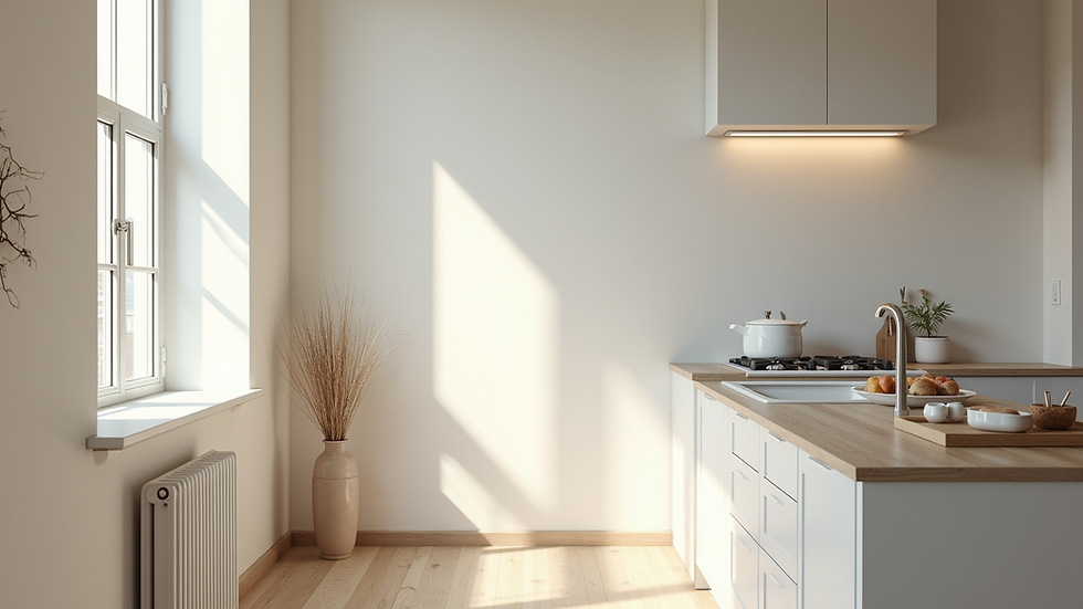 Vista de una cocina moderna con paredes recién pintadas