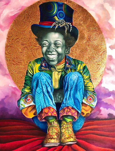 a boy sitting on a red velvet carpet. Wearing a cylinder hat and on it sits a spider