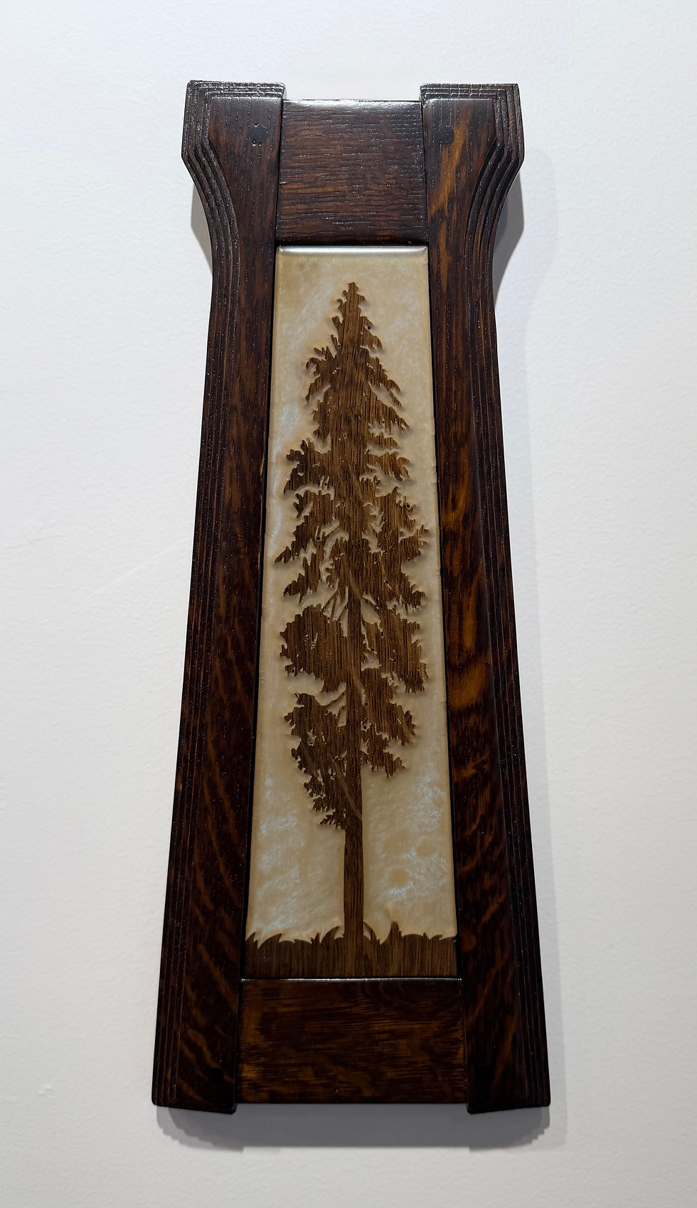 Thumbnail: Tall Pine Tree Framed Inlay Quartersawn Oak Carved Frame