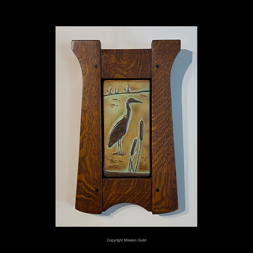 Heron In Cattails Framed Tile
