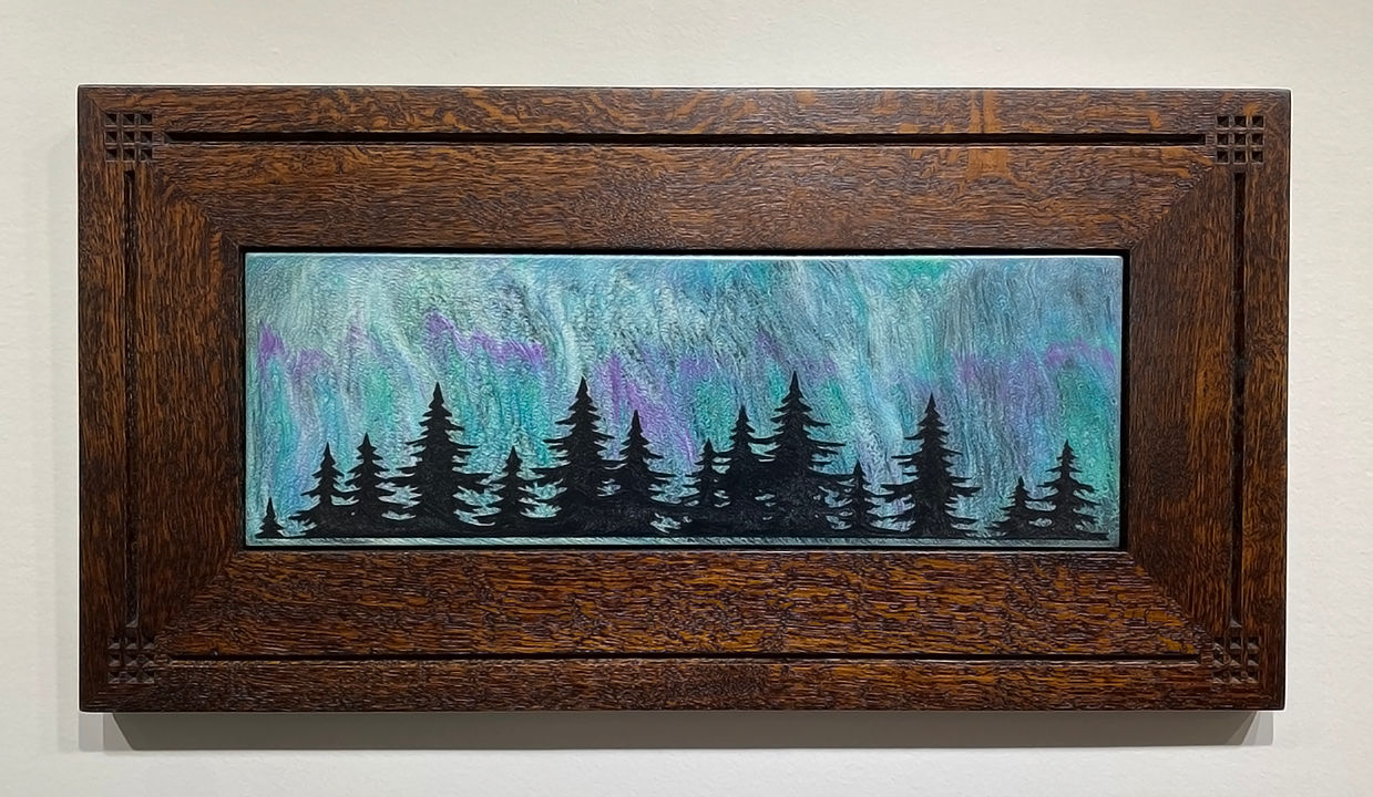 Aurora Borealis Northern Lights Pine Trees Inlay Quartersawn Oak Frame