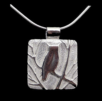 Owl In Tree with Full Moon Fine Silver Pendant Necklace