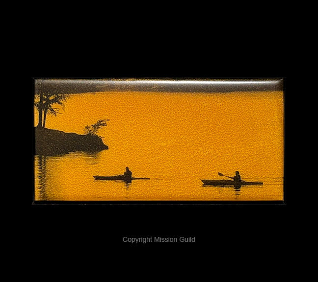 Thumbnail: Kayaks On The Waterway Mica Infused Gold Tone Framed Arts And Crafts Inspired