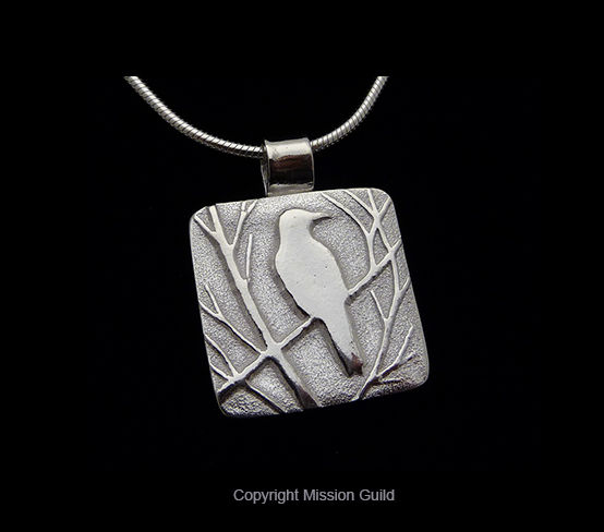 Thumbnail: Crow Raven In Tree with Full Moon Fine Silver Pendant Necklace