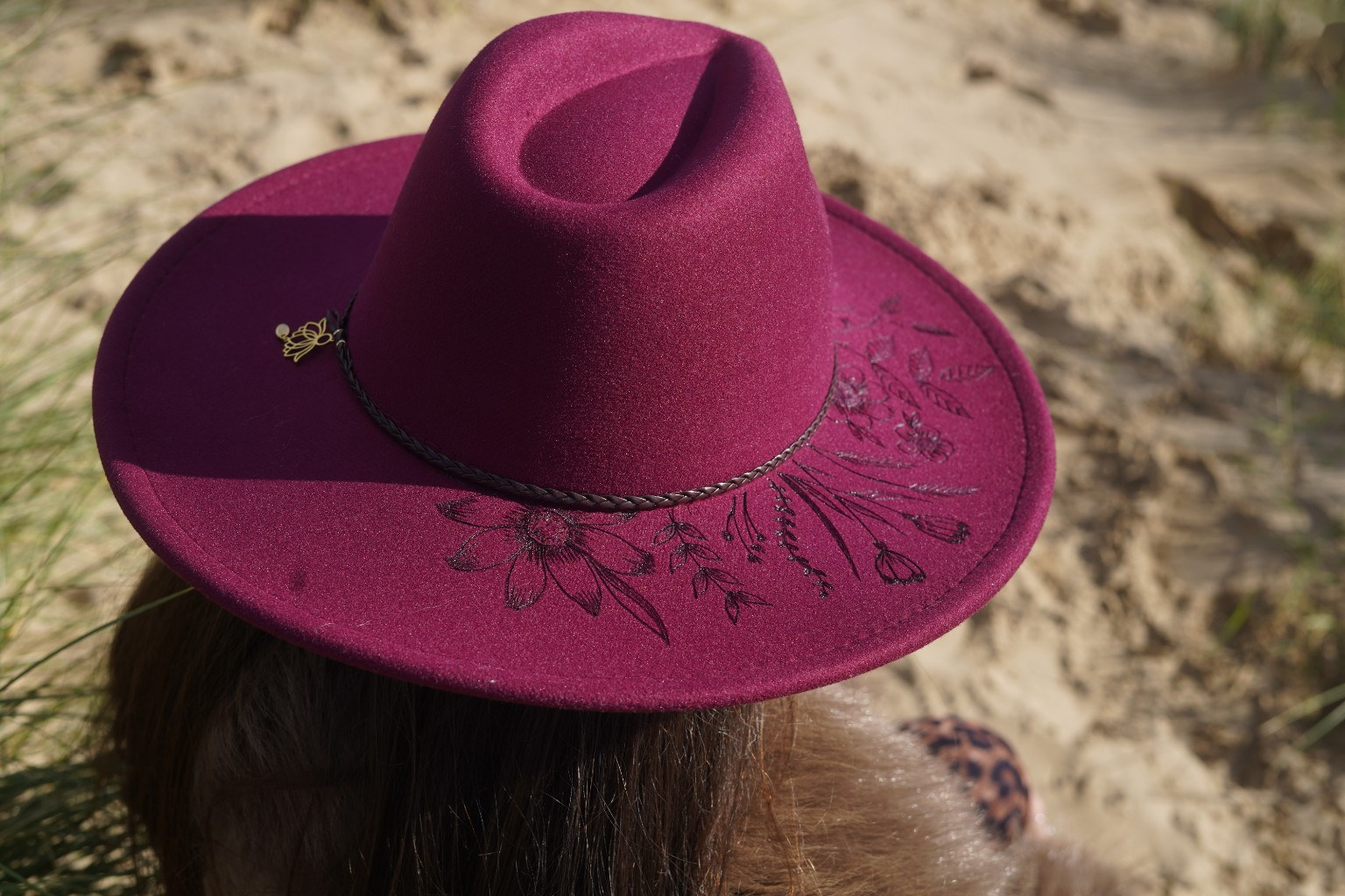 Burgundy Floral Hat with botanical detailing