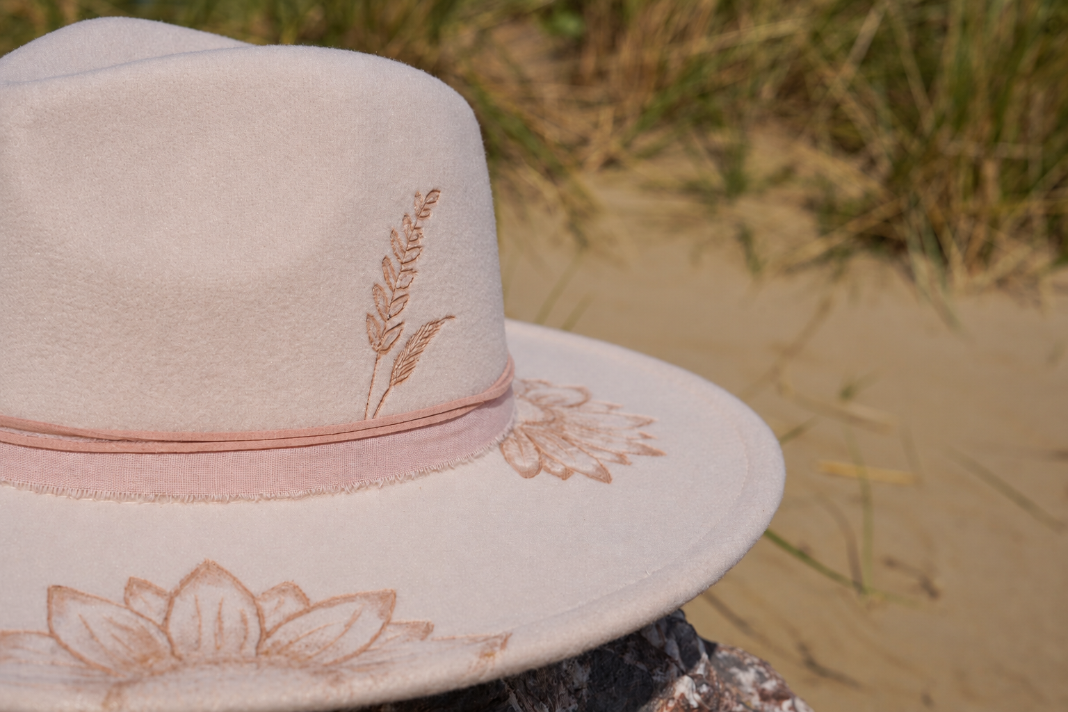 Cream Sunflower Hat with hand-burned sunflower details