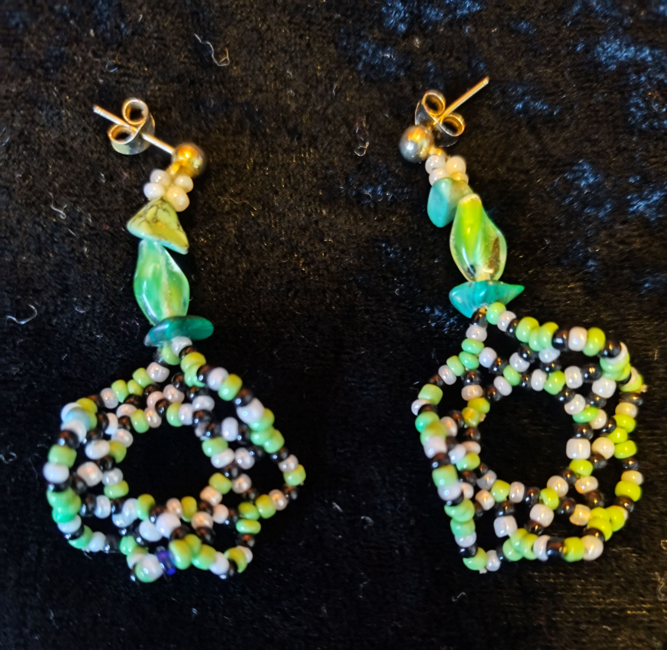 Dangle/stud style  Star Earring. Green, Black, White  1 1/2"Long