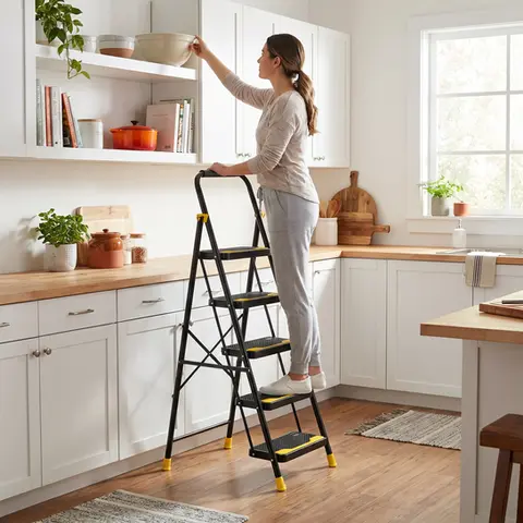 Woman using TNT Global foldable step ladder in modern kitchen to reach upper shelf.