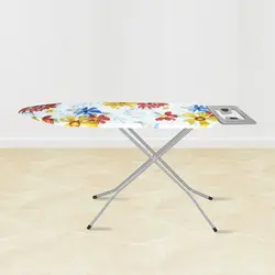 TNT Global foldable iron table with floral cover and sturdy metal legs for home ironing use.
