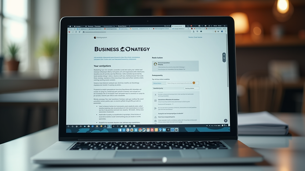 Eye-level view of a laptop screen showing a business content strategy document