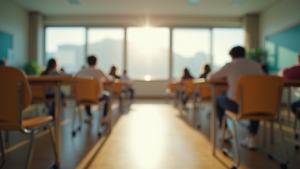 Eye-level view of a serene classroom environment with natural light