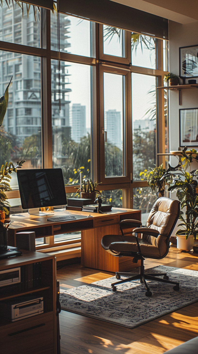 Architectural design for house featuring a modern home office setup with large windows